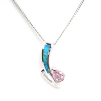 Silver Pendant w/ Created Opal, White & Pink CZ