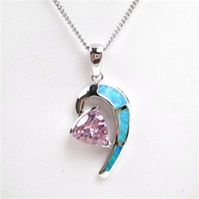 Silver Pendant w/ Created Opal & Pink CZ