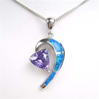 Silver Pendant W/ Created Opal+Tanzanite CZ