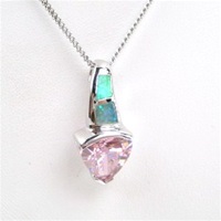 Silver Pendant w/ Created Opal and Pink CZ