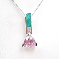 Silver Pendant w/ Created Opal and Pink CZ