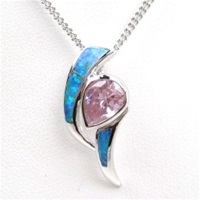 Silver Pendant with Created Opal and Pink CZ