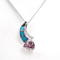 Silver Pendant with Created Opal, White & Pink CZ