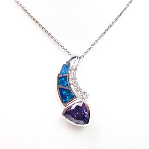 Silver Pendant with Inlay Created Opal, White & Tanzanite CZ