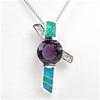 Silver Pendant with Inlay Created Opal, White and Amethyst CZ