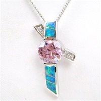 Silver Pendant with Created Opal, White & Pink CZ