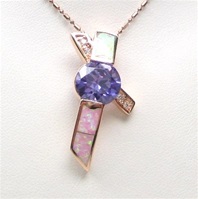 Silver Pendant (Rose Gold Plated) with Inlay Created Opal, White & Tanzanite CZ