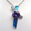 Silver Pendant w/ Inlay Created Opal, White & Tanzanite CZ