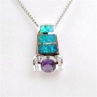 Silver Pendant with Created Opal, Wht & Amethyst CZ