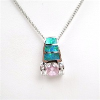 Silver Pendant with Created Opal, White & Pink CZ