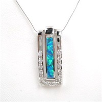 Silver Pendant w/ Inlay Created Opal & White CZ