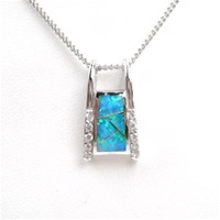 Silver Pendant w/ Inlay Created Opal & White CZ