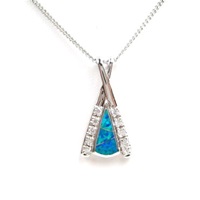 Silver Pendant w/ Inlay Created Opal & White CZ