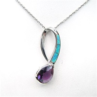 Silver Pendant with Created Opal & Amethyst CZ