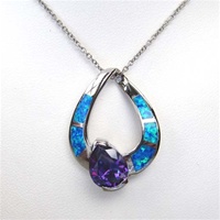 Silver Pendant W/ Inlay Created Opal & Tanzanite CZ