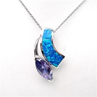 Sterling Silver Pendant (Rhodium Plated) with Inlay Created Opal, White & Tanzanite CZ