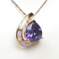 Silver Pendant (Rose Gold Plated) with Inlay Created Opal & Tanzanite CZ