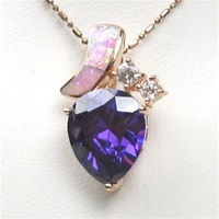 Silver Pendant (Rose Gold Plated) with Inlay Created Opal, White & Tanzanite CZ