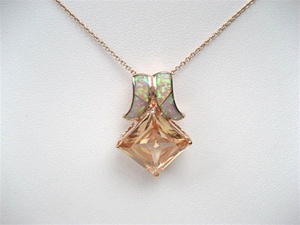 Silver Pendant (Rose Gold Plated) w/ Inlay Created Opal & Champagne CZ