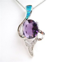 Silver Pendant with Created Opal, Wht & Amethyst CZ