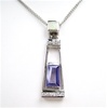 Silver Pendant (Rhodium Plated) with Inlay Created Opal, White & Tanzanite CZ