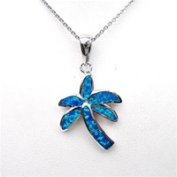 Silver Pendant (Rhodium Plated) w/ Inlay Created Opal (Palm Tree)