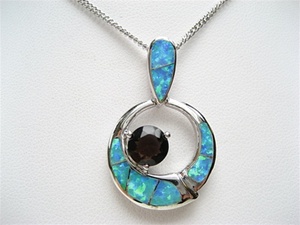 Silver Pendant w/ Inlay Created Opal & Smoky Topaz CZ