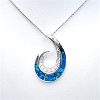 Rhodium Plated Silver Pendant with Inlay Created Blue Opal and White CZ (Fish Hook)