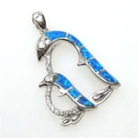 Silver Pendant w/ Inlay Created Opal & White CZ   (Penguins)