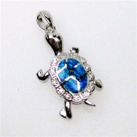 Silver Pendant w/ Inlay Created Opal & White CZ   (Turtle)