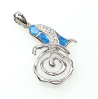 Silver Pendant w/ Inlay Created Opal & White CZ (Butterfly on Rose)