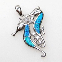 Silver Pendant w/ Inlay Created Opal & White CZ (Seahorse)