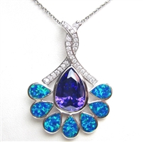 Silver Pendant with Created Opal, White & Tanzanite CZ