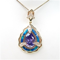 Silver Pendant (Gold Plated) w/ Inlay Created Opal, White & Tanzanite CZ