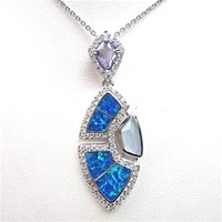 Silver Pendant with Inlay Created Opal, Syn. Chalcedony, White & Tanzanite CZ