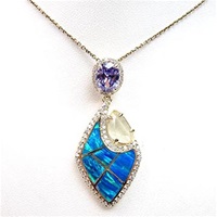 Silver Pendant (Gold Plated) with Created Opal, Lemontrine, White & Tanzanite CZ