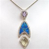 Silver Pendant (Gold Plated) with Created Opal, Lemontrine, White & Tanzanite CZ