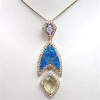 Silver Pendant (Gold Plated) with Created Opal, Lemontrine, White & Tanzanite CZ