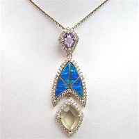 Silver Pendant (Gold Plated) with Created Opal, Lemontrine, White & Tanzanite CZ