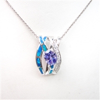 Silver Pendant with Created Opal, White & Tanzanite CZ