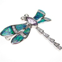 Silver Brooch (Rhodium Plated) w/ Inlay Created Opal, White & Amethyst CZ