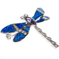 Silver Brooch (Rhodium Plated) w/ Inlay Created Opal, White & Tanzanite CZ