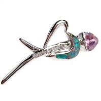 Silver Brooch (Rhodium Plated) w/ Inlay Created Opal, White & Pink CZ