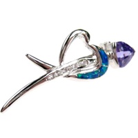 Silver Brooch (Rhodium Plated) w/ Inlay Created Opal, White & Tanzanite CZ