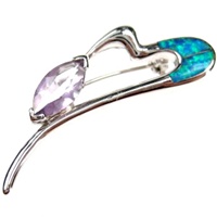 Silver Brooch (Rhodium Plated) w/ Inlay Created Opal, White & Amethyst CZ