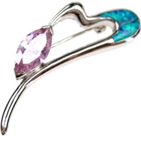 Silver Brooch (Rhodium Plated) w/ Inlay Created Opal, White & Pink CZ