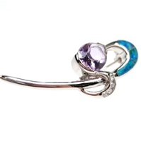 Silver Brooch (Rhodium Plated) w/ Inlay Created Opal, White & Amethyst CZ