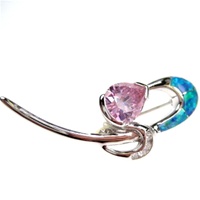 Silver Brooch (Rhodium Plated) w/ Inlay Created Opal, White & Pink CZ