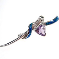 Silver Brooch (Rhodium Plated) w/ Inlay Created Opal, White & Amethyst CZ