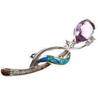 Silver Brooch (Rhodium Plated) w/ Inlay Created Opal, White & Amethyst CZ